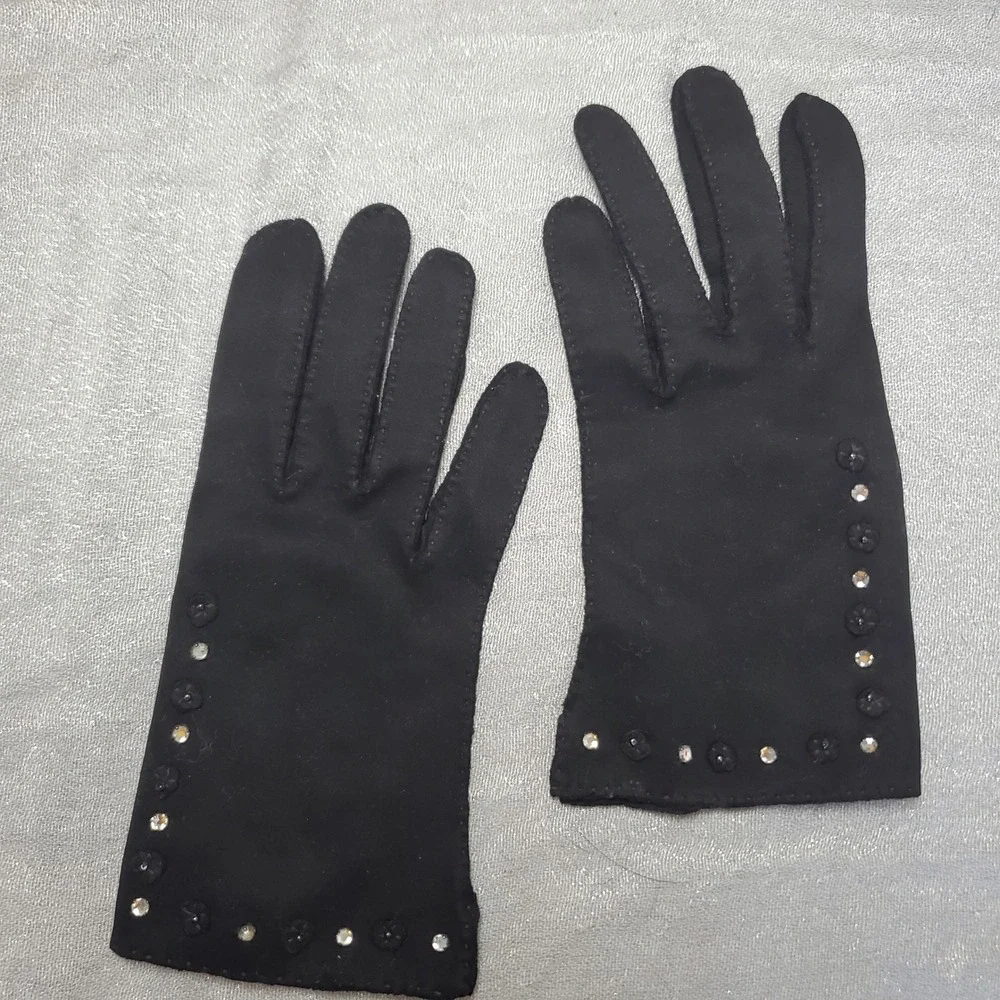Vintage Black‎ Formal Gloves Rhinestone Floral Embellished Wrist Length Evening